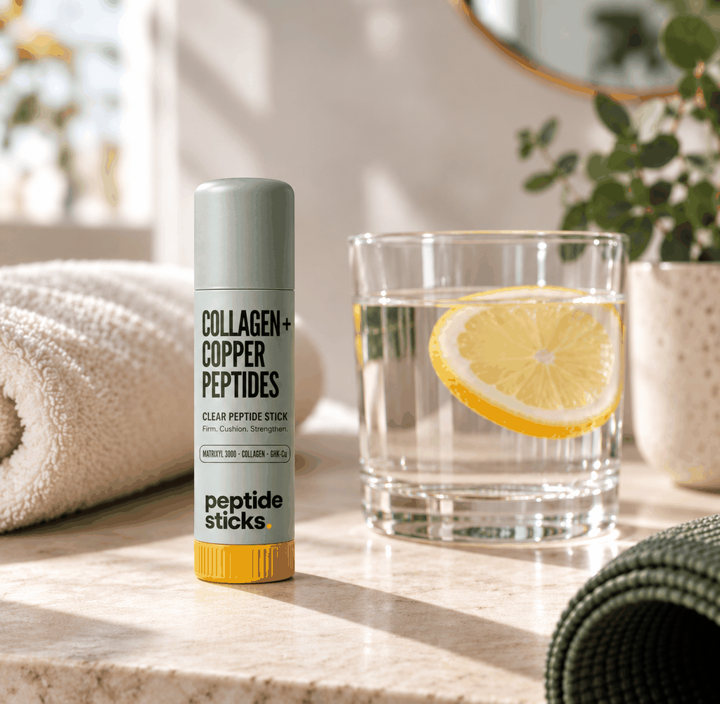 The Peptide Sticks™ Collagen + Copper Stick on a bathroom counter